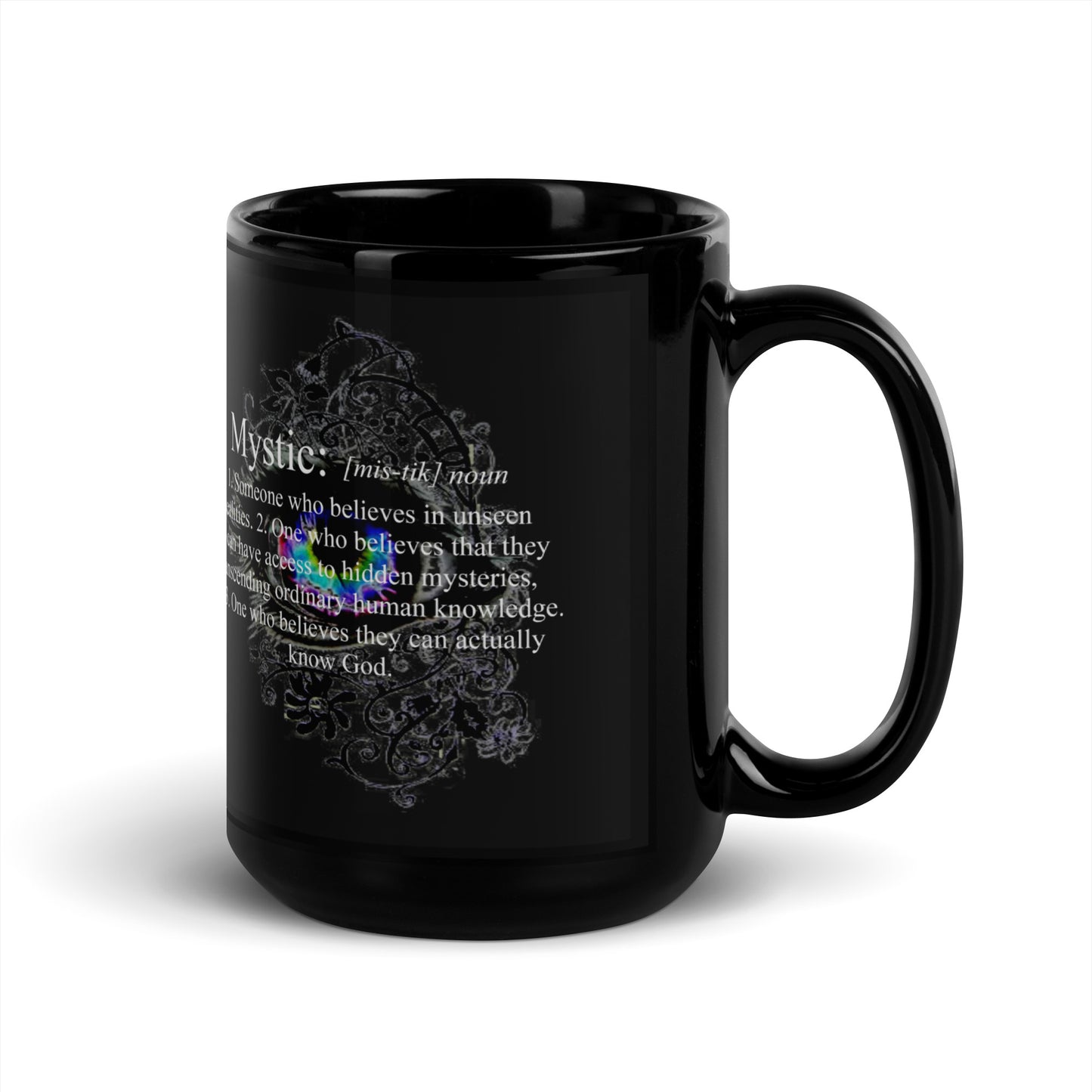 Mystic Definition over colorful eye - Black Glossy Mug